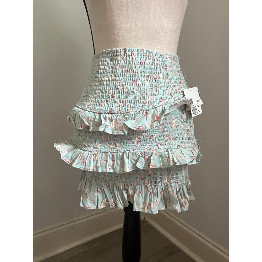Mint Floral Smocked Mini Skirt sz Small Ruffle Tiered Boho Chic Girlhoodcore NWT